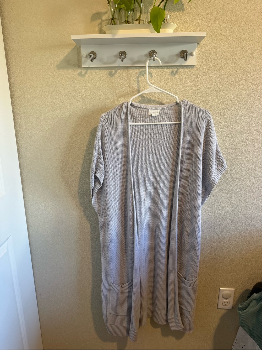 Caslon Light Gray Open-Front Ribbed Cardigan with Pockets